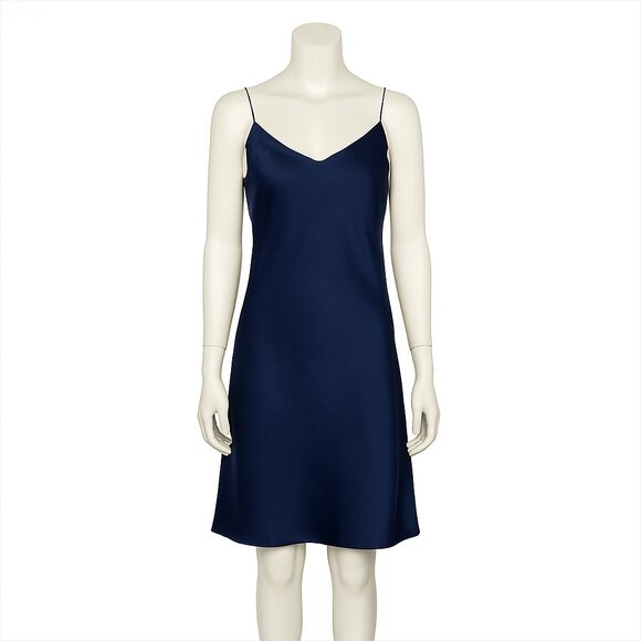 Teri Jon Rickie Freeman Slip Dress Mini Navy Size 4 Satin Silky Spaghetti Straps - Picture 1 of 6